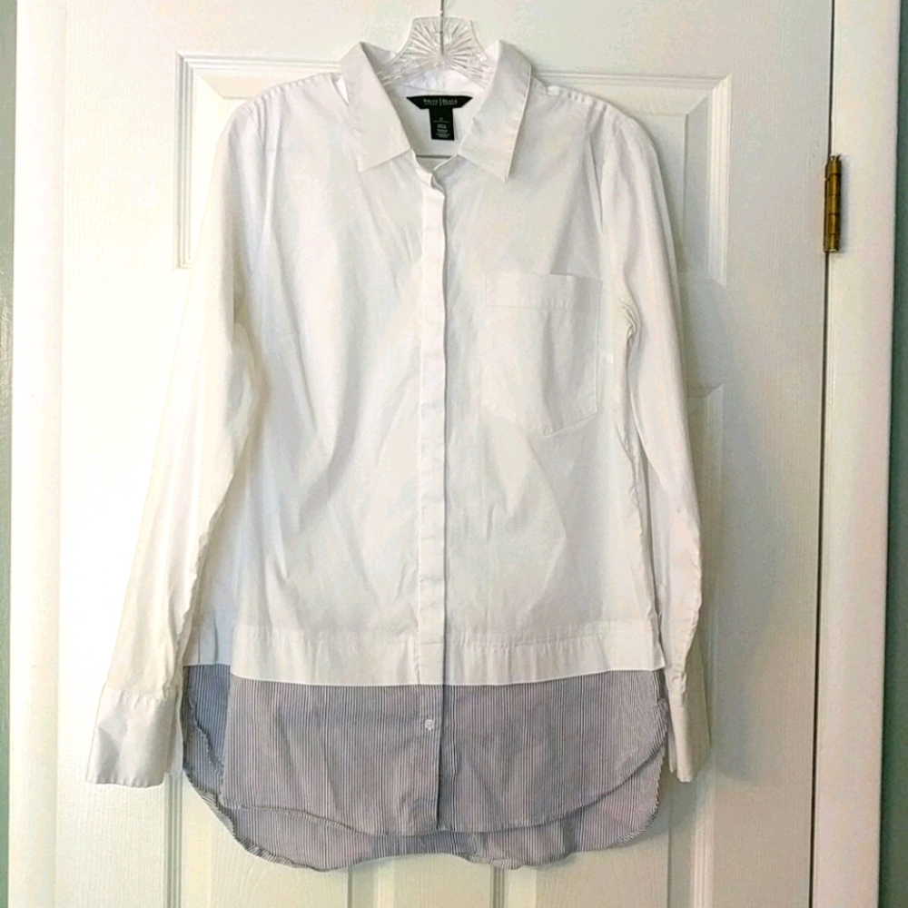 White House Black Market White Button-Down Shirt with Blue Stripe Hem